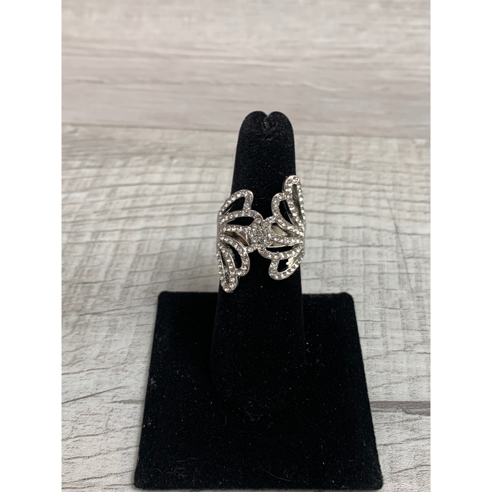 Silver Tone Rhinestone Butterfly Statement Ring Adjustable Size 7 Cocktail Ring